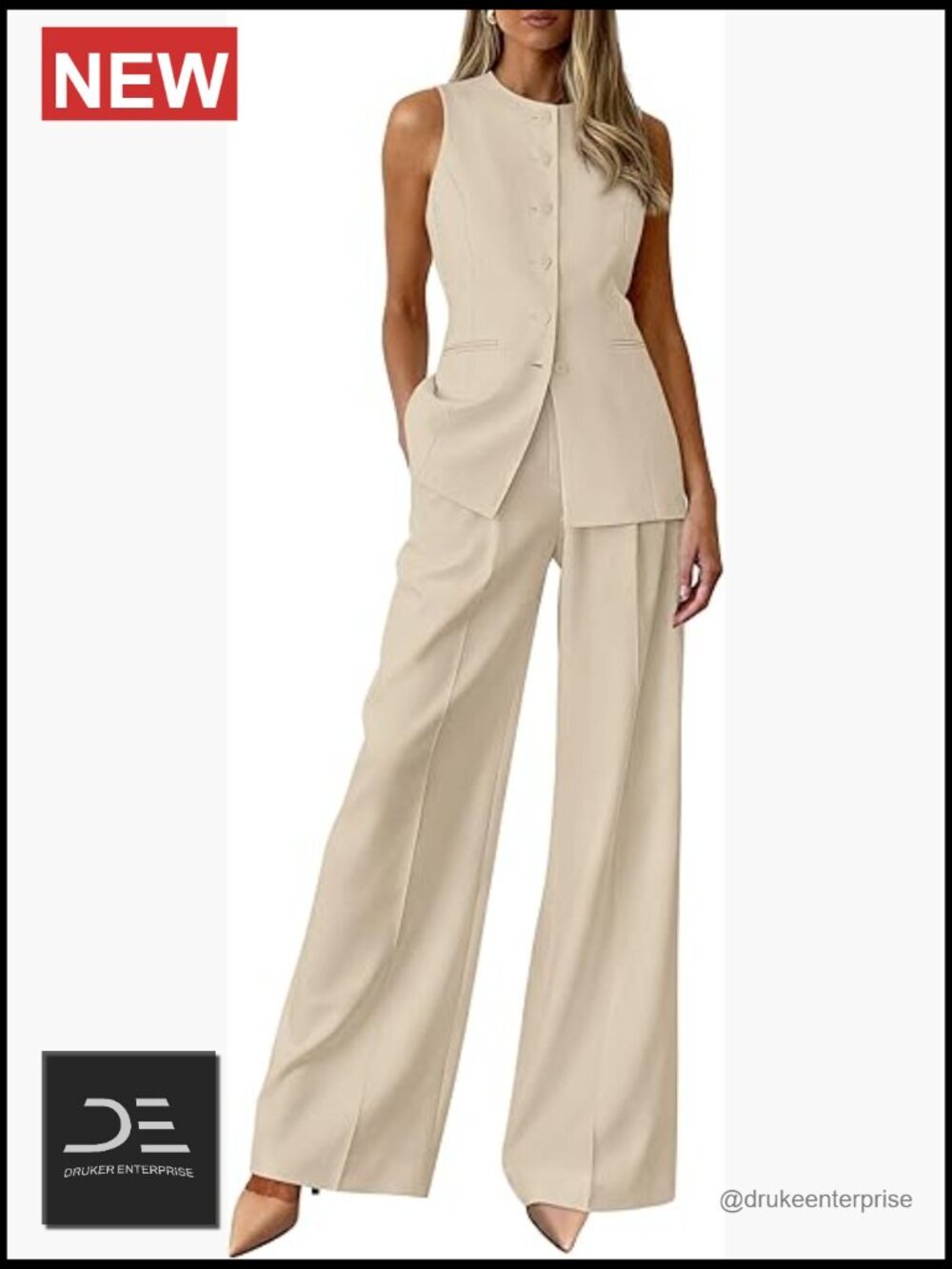 Sleeveless Blazer Vest & Pants Suit Set - 2 Piece Business Casual Outfit